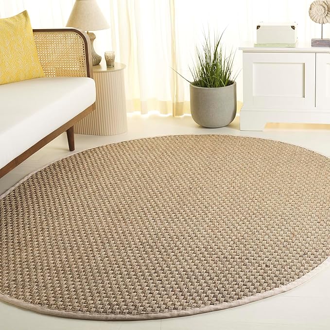 SAFAVIEH Area Rug 6x8 Oval - Natural Fiber Collection - Natural & Ivory, Seagrass, Basketweave Pattern with Border (NF114J)