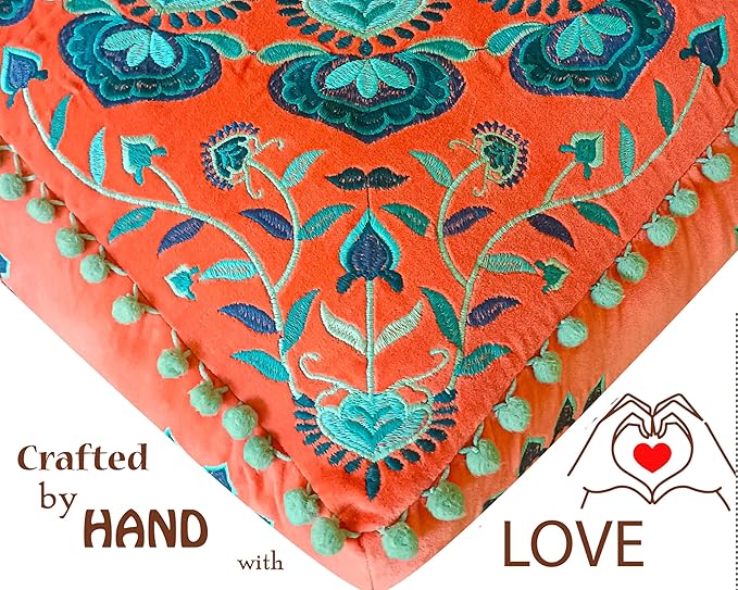 Mandala Life ART Orange Velvet Pouf Cover - Soft Sqare Floor Pillow - Embroidered Ottoman Slipcovern, 24x24x8 Inches, Ideal for Living Room, Bedroom, or Meditation Space - Boho Decor Cushion