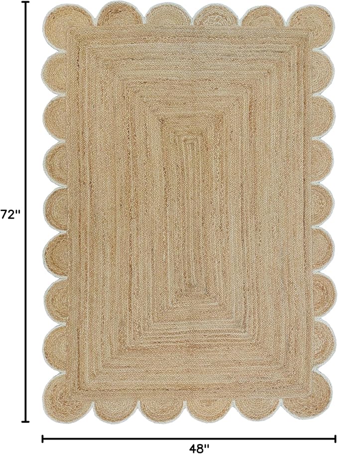 Scalloped Natural Jute Area Rug, Off White Trim, 4'x6'
