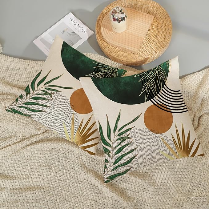 Boho Pillow Covers 18x18 Set of 2 Gold Green Throw Pillows Modern Mid Century Pillowcase Tropical Leaves Orange Sun Decorative Pillows Outdoor Decorations Bohemian Cushion Case for Sofa Home