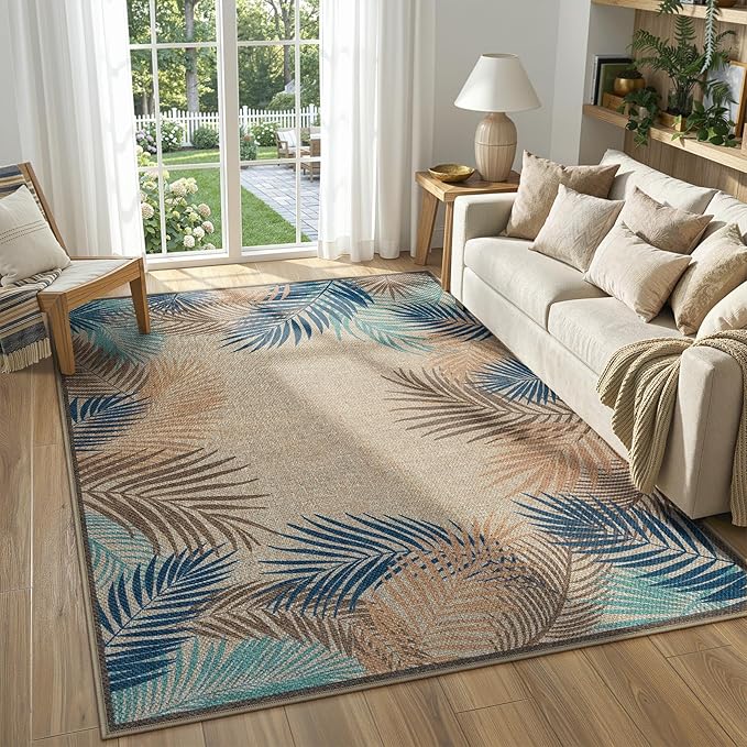 LIVEBOX Modern Easy Jute 5x7 Outdoor Rug, Washable Area Rugs for Living Room Patio Tropical Leaf Indoor Outdoor Rug, Boho Farmhouse Non Slip Carpet for Backyard Foyer Dining Room(Olive, 5'x7')