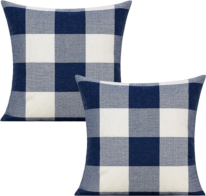 VAKADO 24x24 inch Set of 2 Navy Blue White Buffalo Plaids Throw Pillow Covers Outdoor Farmhouse Retro Decorative Check Cushion Cases Home Decor for Couch Patio Porch Sofa Furniture, Dark Blue