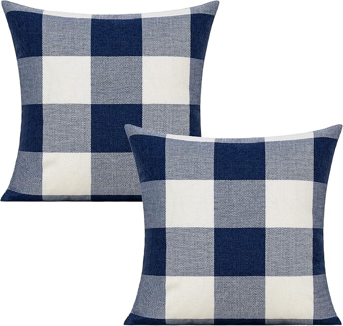 VAKADO 16x16 Set of 2 Navy Blue and White Buffalo Plaids Throw Pillow Covers Outdoor Decorative Farmhouse Retro Dark Blue Check Cushion Cases Home Decor for Patio Couch Sofa