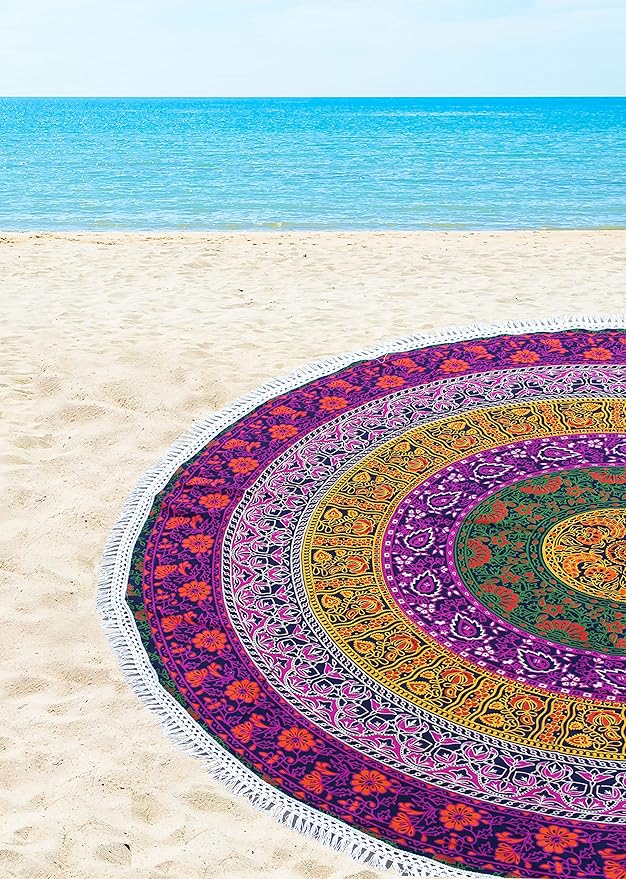 Round Beach Tapestry Turquoise Mandala Throw/Boho Hippie Beach Blanket Roundie/Indian Cotton Bohemian Large Round Table Cloth-Home Decor/Yoga Mat Meditation Picnic Rug (70", 6 color)