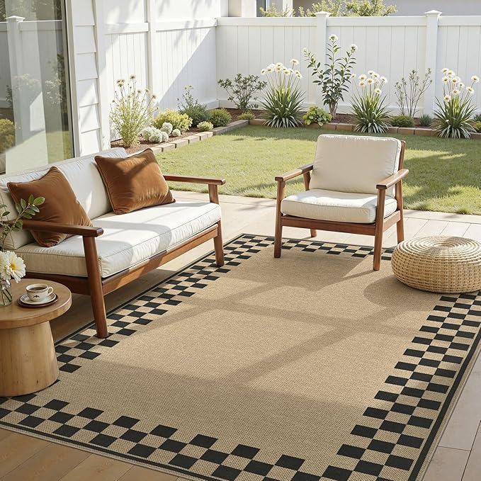 6x9 Jute Rug for Living Room: Farmhouse Carpet Indoor Outdoor Washable Non Slip Area Rug for Bedroom Patio Backyard Dining Room Table Home Office - Checkered Brown