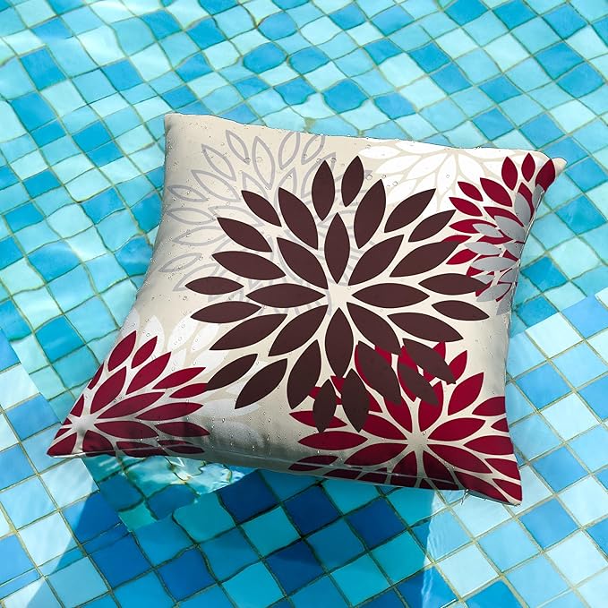 DFXSZ Red Brown Flower Pillow Covers 18x18 Inch Set of 2 White Gray Colored Throw Pillows Outdoor Waterproof Decor for Living Room Sofa Patio Funiture Garden Floral Polyester Pillow Covers 002L18