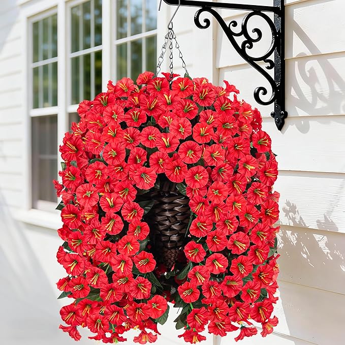 HyeFlora Artificial Fake Red Hanging Flowers Plants Baskets for Outdoor Winter Christmas, Faux Silk UV Resistant Look Real Morning Glory Vines for Outside Porch Patio Balcony Garden Yard Home Decor