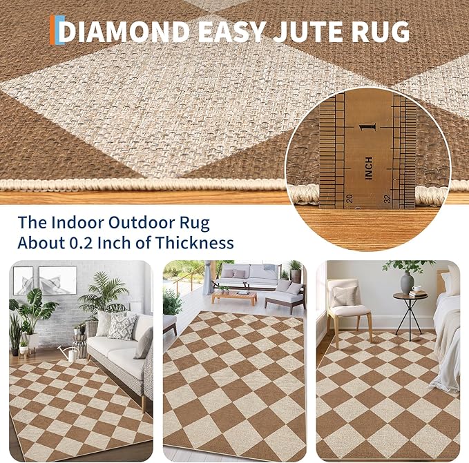 GarveeHome Checkered Easy Jute 5x7 Area Rugs for Living Room Machine Washable Non-Slip Backing Stain Resistant Modern Indoor Outdoor Rugs for Farmhouse Dining Room Patio Brown