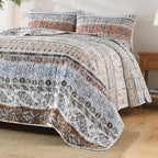 Boho Style King Quilt Set Mocha Brown Bohemian Floral Strip Quilt Beddding Set, Soft and Lightweight Bedspread for All Season, Oversize King Bed Coverlet with 2 Matching Pillow Shams (3 Pieces)
