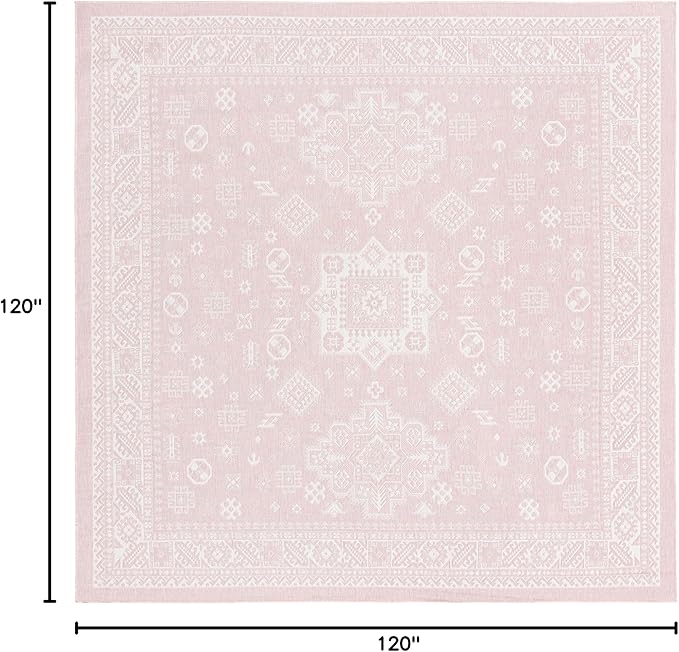 Rugs.com Outdoor Aztec Collection Rug – 10 Ft Square Pink Flatweave Rug Perfect for Living Rooms, Kitchens, Entryways