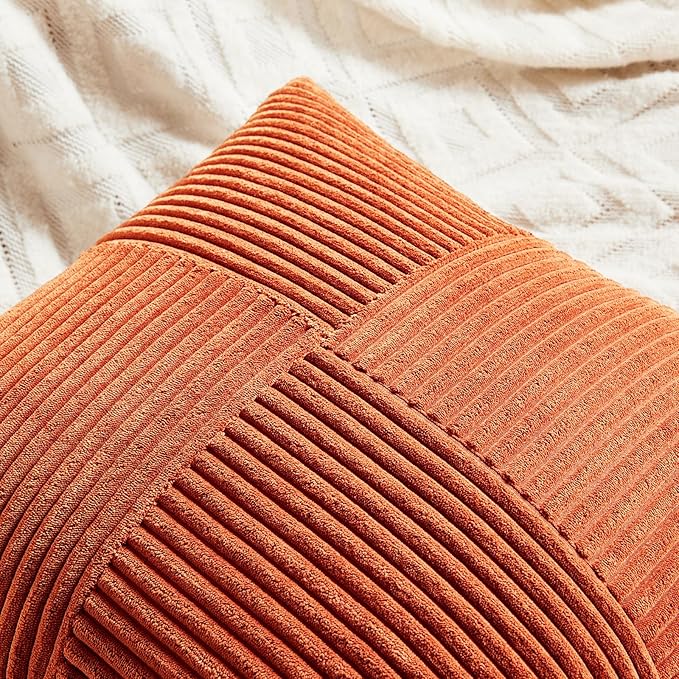 Fancy Homi Set of 2 Burnt Orange Lumbar Decorative Throw Pillow Covers 14x22 Inch for Living Room Couch Bed, Boho Farmhouse Fall Home Decor, Soft Corduroy Corss Patchwork Cushion Case 35x55 cm