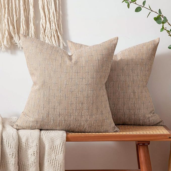 MIULEE Pack of 2 Decorative Burlap Linen Spring Throw Pillow Covers Modern Farmhouse Pillowcase Rustic Woven Textured Cushion Cover for Sofa Couch Bed (18''x18'', Tan)