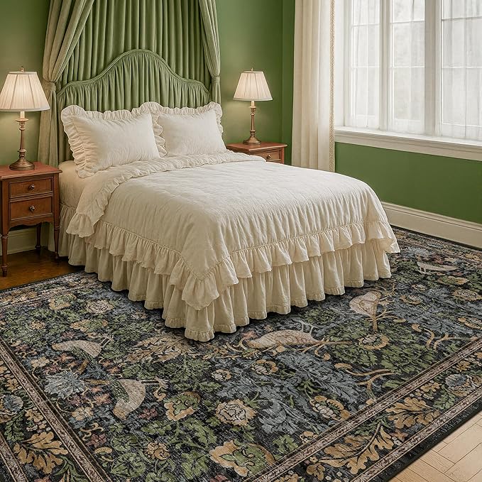 Vintage Green Rug for Extra Large Bedroom - Washable 10x12 Area Rug for Living Room, Dining Room Under Table, Boho Bird Decor, Soft Low Pile Non-Slip & Stain Resistance Brown Accent Carpet