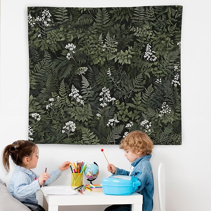 WNAGT Deep Green Floral Botanical Tapestry Wall Hanging, Cottage Core Decor, Vintage Fern Leaf Plant Flower Wall Blanket Decor for Home Bedroom Living Room, 50x60 Inch