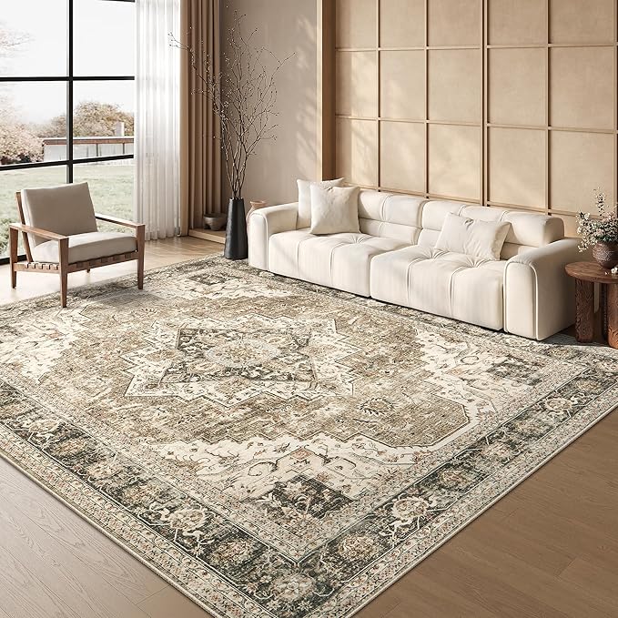 6x9 Area Rugs for Living Room, Washable Rug with Non-Slip Backing, Ultra-Thin Rugs for High-Traffic Areas, Super-Soft Floral Vintage Farmhouse Large Area Rug (Brown/Beige, 6'x9')