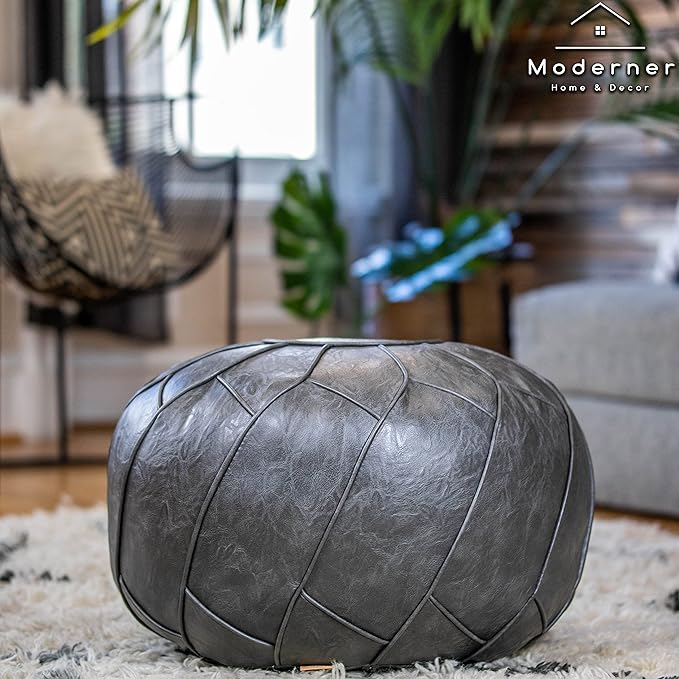 Moderner Faux Leather Pouf Unstuffed Ottoman Moroccan Footstool, Floor Footrest Cushion, Storage Solution - Natural Brown Color (Dark Grey, Round)