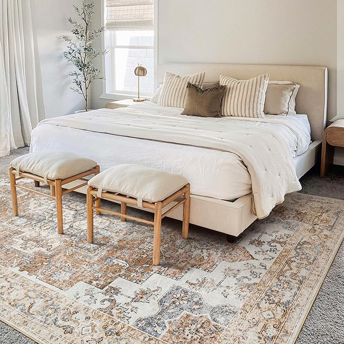 GENIMO 6x9 Area Rugs for Living Room, Machine Washable Non Slip Rugs, Low Pile Lightweight Vintage Print Rug for Bedroom, Dining Room, Home Office, Warm Orange