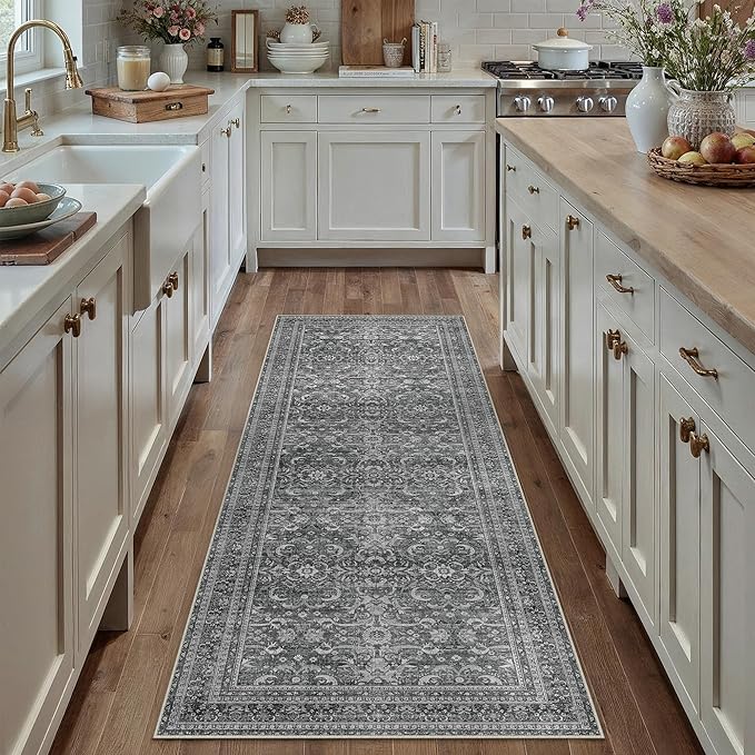 HUGEAR 2x6 Runner Rug Hallway Vintage Grey Machine Washable Retro Floral Low Pile Carpet Vacuumable Distressed Long Throw Rug Bedroom Office Bathroom Kitchen Laundry Non Slip Soft Lightweight