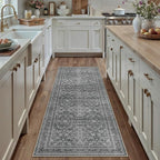 HUGEAR 2x6 Runner Rug Hallway Vintage Grey Machine Washable Retro Floral Low Pile Carpet Vacuumable Distressed Long Throw Rug Bedroom Office Bathroom Kitchen Laundry Non Slip Soft Lightweight