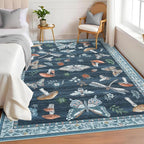 Washable Rug 5x7 Area Rugs for Living Room, Mushroom Insect Rug for Bedroom, 5x7 Rug Non Slip Throw Rugs with Rubber Back, Low Pile Stain Resistant Modern Carpet for Dining Room Dorm,Blue
