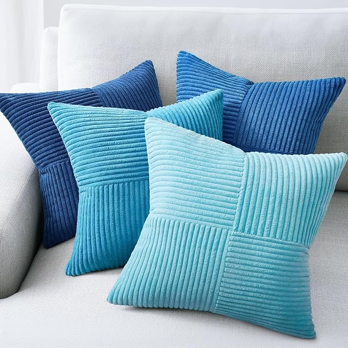 Topfinel Light Blue Decorative Throw Pillow Covers,20x20 Pillow Covers Set of 4 with Striped Corduroy,Boho Soft Accent Cushion Covers for Couch,Bed,Living Room Home Decor