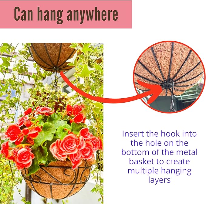 LaLaGreen Hanging Planter for Outdoor Plants (16 Inch, 4 Pack) Hanging Baskets with Coco Liner, Black Metal Wire Flower Basket Pots with Hook Hanger Balcony Porch Farmhouse Country Style Garden Decor