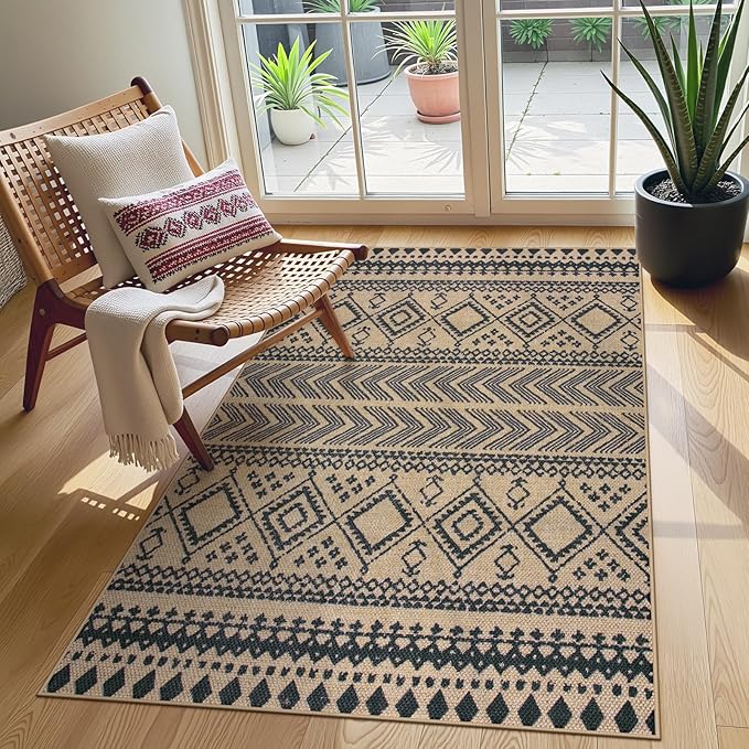 Lahome Easy Jute Boho Area Rugs for Entryway, 3x5 Washable Rug Non Slip Indoor Outdoor Carpet, Small Geometric Print Distressed Rugs, Low Pile Front Door Carpet for Porch Balcony