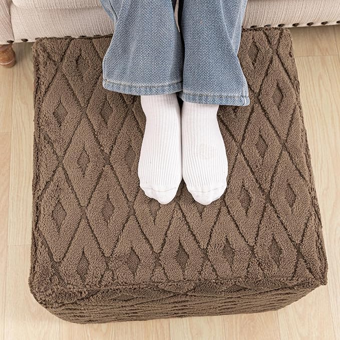 Fluffy Square Ottoman Pouf with All-in-One Foam Filling 20 x 14 Inches Furry Ottoman Foot Rest Foot Stool for Living Room or Bedroom (Coffee)