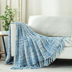 Multi-Color Light Blue Cable Woven Throw Blanket for Couch,50"X60" Boho Style Textured Blankets for Home Decor,Super Soft Warm Cozy Chunky Blanket with Decorative Tassels for Bed