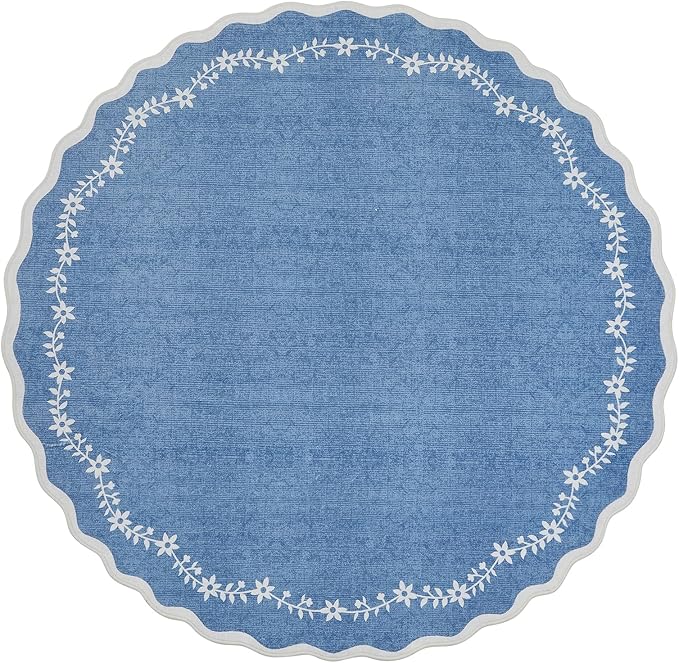 GarveeHome Round Area Rugs 4ft for Kids Room, Solid Navy Scalloped Washable Circle Rug Soft Non Slip Floral Print Floor Mat Carpet Indoor Thin Tent Rug for Bedroom Dining Room Playroom Nursery
