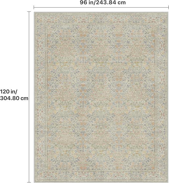 GENIMO 8x10 Area Rug for Living Room, Washable Vintage Floral Low Pile Non-Slip Large Carpet for Bedroom Dining Room, Stain Resistant Botanical Indoor Rug (Beige)