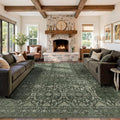 9x12 Area Rugs for Living Room Bedroom, Large Washable Rug, Green Vintage Floral Boho Rug, Non Slip & Low Pile Faux Wool Thin Carpet for Indoor Dining Room and Kids Room(Green 9x12ft)