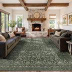9x12 Area Rugs for Living Room Bedroom, Large Washable Rug, Green Vintage Floral Boho Rug, Non Slip & Low Pile Faux Wool Thin Carpet for Indoor Dining Room and Kids Room(Green 9x12ft)