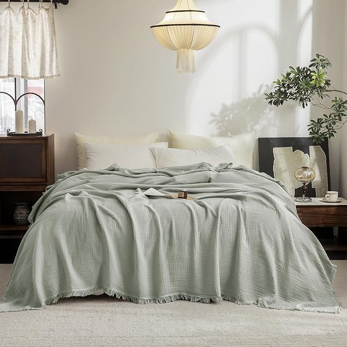 FOSSA Muslin Blanket with Fringe - 4-Layer 100% Cotton Gauze Super Soft & Breathable Throw -Lightweight Decorative Cooling Blanket for Bed, Sofa, Office (Sage Green, Oversize Queen (98" × 98"))