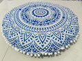 INDIAN CRAFT CASTLE 24" Blue Ombre Mandala Barmeri Large Floor Pillow Cover Cushion Meditation Seating Ottoman Throw Cover Hippie Decorative Zipped Bohemian Pouf Ottoman Pom Pom Cases 24" Round