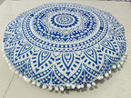 INDIAN CRAFT CASTLE 24" Blue Ombre Mandala Barmeri Large Floor Pillow Cover Cushion Meditation Seating Ottoman Throw Cover Hippie Decorative Zipped Bohemian Pouf Ottoman Pom Pom Cases 24" Round