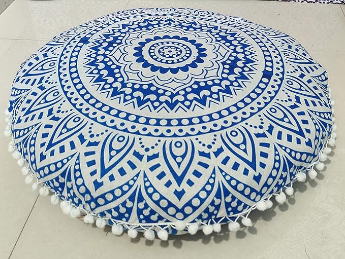 INDIAN CRAFT CASTLE 24" Blue Ombre Mandala Barmeri Large Floor Pillow Cover Cushion Meditation Seating Ottoman Throw Cover Hippie Decorative Zipped Bohemian Pouf Ottoman Pom Pom Cases 24" Round