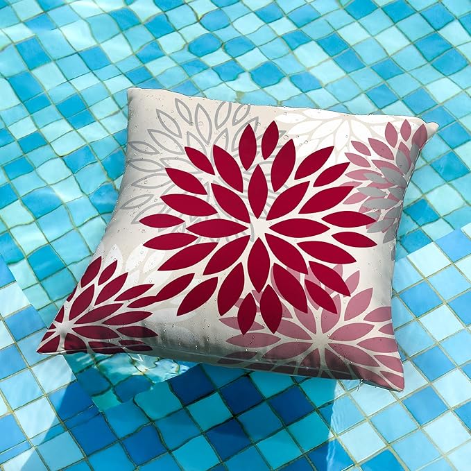 DFXSZ Wine Red Pink Flower Pillow Covers 18x18 Inch Set of 2 Outdoor Throw Pillows Outdoor Waterproof Decor for Living Room Sofa Patio Funiture Garden Floral Polyester Pillow Covers 002R18