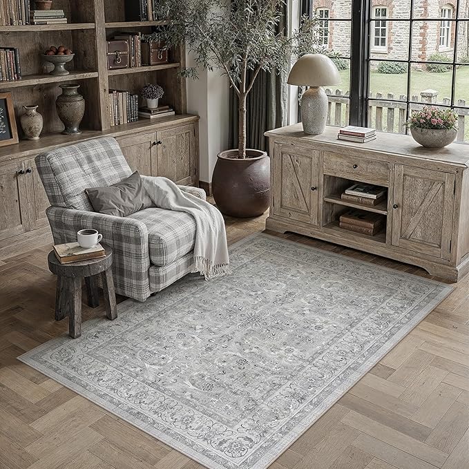 Gray 3x5 Area Rug Entryway Washable Vintage Carpet Office Small Indoor Non Slip Soft Low Pile Thin Stain Resistant Distressed Accent Throw Rug for Entrance Bedroom Dining Living Room