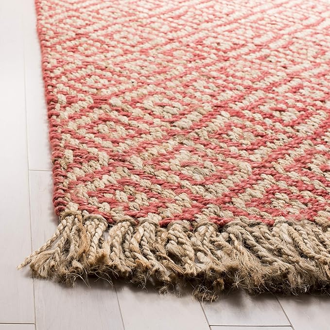 SAFAVIEH Natural Fiber Collection Area Rug - 6' Square, Fuchsia & Natural, Handmade Boho Diamond Tassel Jute, Ideal for High Traffic Areas in Living Room, Bedroom (NF266G)
