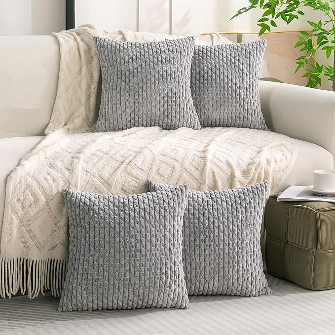 Set of 4 Grey Decorative Throw Pillow Covers 22x22 Inch Corduroy Pillow Covers for Bed Couch Sofa Living Room Soft Square Cushion Cases