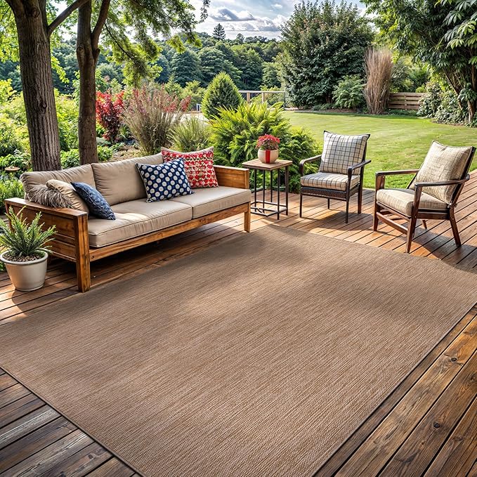 Washable Indoor Outdoor Rug 10x14 Weather Resistant Area Rugs Modern Solid Jute Rug for Porch Deck Balcony Backyard Patio Outside Carpet (10 X 14 Jute Beige)
