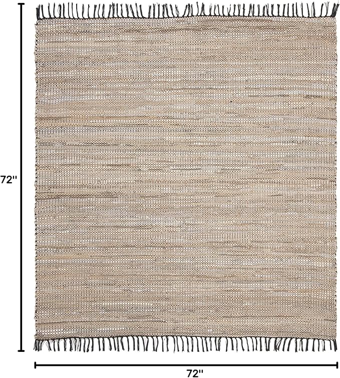 SAFAVIEH Vintage Leather Collection Area Rug - 6' Square, Beige, Handmade Boho Fringe Leather & Jute, Ideal for High Traffic Areas in Living Room, Bedroom (VTL203B)