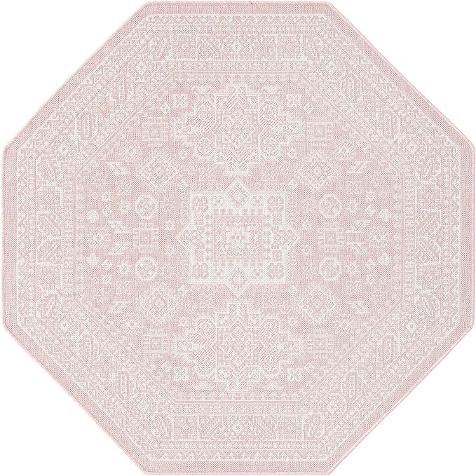 Rugs.com Outdoor Aztec Collection Rug – 5 Ft Octagon Pink Flatweave Rug Perfect for Living Rooms, Kitchens, Entryways