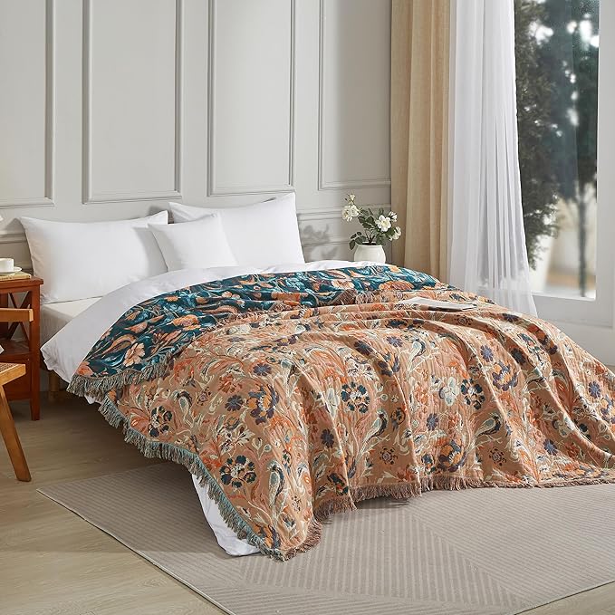 Boho Throw Blanket for Bed 80”x90”, 100% Cotton Woven Blanket for Couch Sofa, Ultra Soft 4-Layer Muslin Quilt with Floral Printed, Farmhouse Bed Blanket/Cover for Living Room Decor