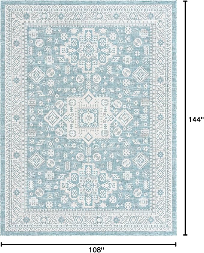 Rugs.com Outdoor Aztec Collection Rug – 9' x 12' Aqua Flatweave Rug Perfect for Living Rooms, Large Dining Rooms, Open Floorplans