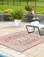 Rugs.com Outdoor Aztec Collection Rug – 6 Ft Square Rust Red Flatweave-Pile Rug Perfect for Living Rooms, Kitchens, Entryways