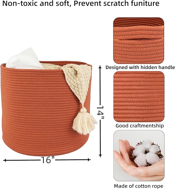 Cotton Rope Basket For Girls Boys Kids 16”X14” Baby Laundry Basket Nursery Bin Round Woven Baskets Organizer For Storage Toys Blankets Shoes Clothes rustic