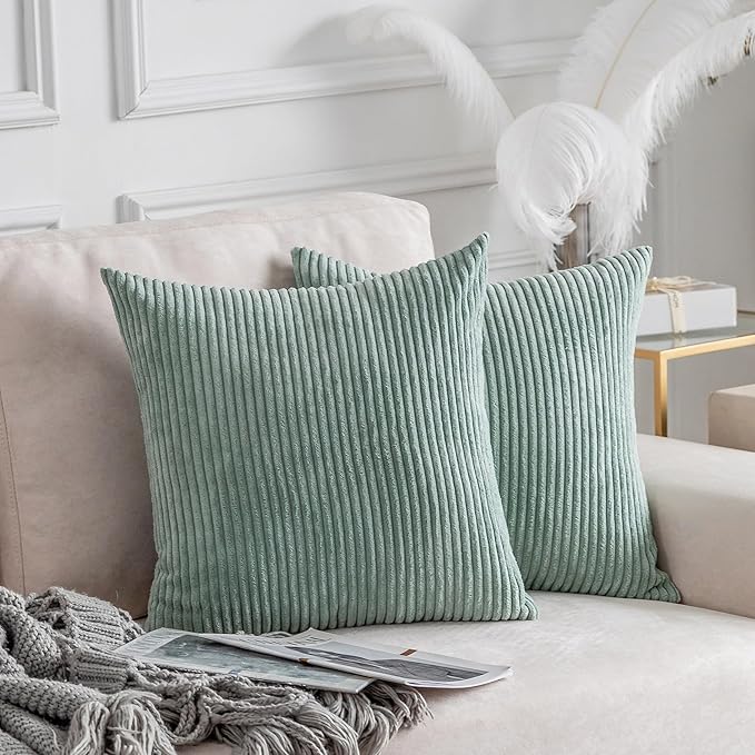 Home Brilliant Sage Green Throw Pillow Covers 18x18 Corduroy Spring Pillow Covers for Couch Set of 2 Pillow Covers for Sofa Bed Living Room Decor, 18 x 18 Inch, Iceberg Green