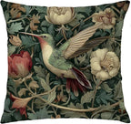 Vintage William Morris Green Hummingbird Pillow Cover 18x18,Rustic Green Hummingbird Bird Animal Floral Botanical Print Decorative Throw Pillow Covers for Home Bedroom Living Room